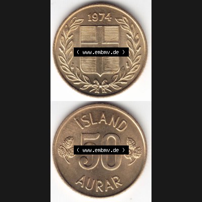 Münzen Island Umlaufmünze 1969-1974, 50 Aurar 1974. Vorderseite und Rückseite vertikal untereinander auf einen digitalen Bild der alten Isländischen Umlaufmünze aus... Sammlung