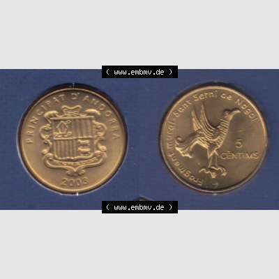 Münzen Andorra Sammlermünze aus KMS 2003, 5 Centimes, Sant Serni Kirche in Nagol. Vorderseite und Rückseite horizontal auf einen digitalen Bild der alten Diner Umlaufmünze... Sammlung