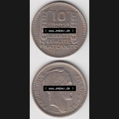 Münze Frankreich 1947-1949, 10 Francs, Franken 1948. Vorderseite und Rückseite vertikal auf einen digitalen Bild der alten französischen Umlaufmünze aus Frankreich... Sammlung