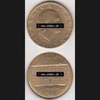 Münzen Italien Gedenkmünze 1990-1990, 200 Lire Gründung von Staatsrat. Vorderseite und Rückseite vertikal untereinander auf einen digitalen Bild der alten italienischen... Sammlung