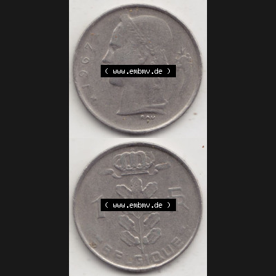 Münzen Belgien Umlaufmünze 1950-1988, 1 Francs-Franken 1967 Belgique. Vorderseite und Rückseite vertikal auf einen digitalen Bild der alten belgischen Francs Umlaufmünze... Sammlung