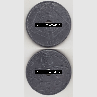 Münzen Belgien Umlaufmünze 1942-1946, 25 Centimes 1943 Belgie - Belgique. Vorderseite und Rückseite vertikal auf einen digitalen Bild der alten belgischen Francs Umlaufmünze... Sammlung