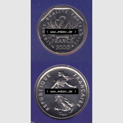 Münze Frankreich 2000, 2 Francs. Vorderseite und Rückseite vertikal auf einen digitalen Bild der alten französischen Umlaufmünze aus Frankreich in der Francs-Währung... Sammlung