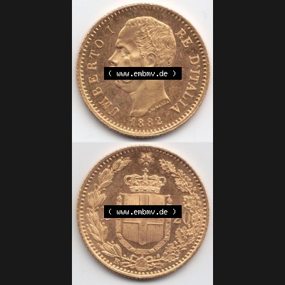 Münzen Italien Goldmünze 1880-1897, 20 Lire Umberto I. Goldmünze 1882. Vorderseite und Rückseite vertikal untereinander auf einen digitalen Bild der alten italienischen... Sammlung