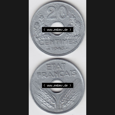 Münze Frankreich 1941-1944, 20 Centimes, Cent 1943. Vorderseite und Rückseite vertikal auf einen digitalen Bild der alten französischen Umlaufmünze aus Frankreich... Sammlung
