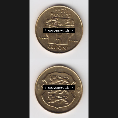Münzen Estland Umlaufmünze 1994, 5 Krooni. Vorderseite und Rückseite vertikal auf einen digitalen Bild der alten estländische Umlaufmünze aus Estland zum katalogisieren... Sammlung