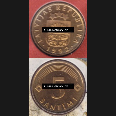 Münzen Lettland Umlaufmünze 1992-2009, 5 Centimes 1992, Münze aus Münzensatz, Münzseiten Vertikal für Mobile-Geräte als Bildmaterial Sammlung