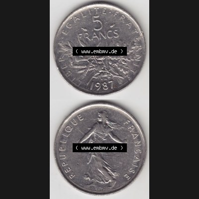 Münze Frankreich 1970-2001, 5 Francs Liberte Egalite Fraternite. Vorderseite und Rückseite vertikal auf einen digitalen Bild der alten französischen Umlaufmünze aus Frankreich... Sammlung