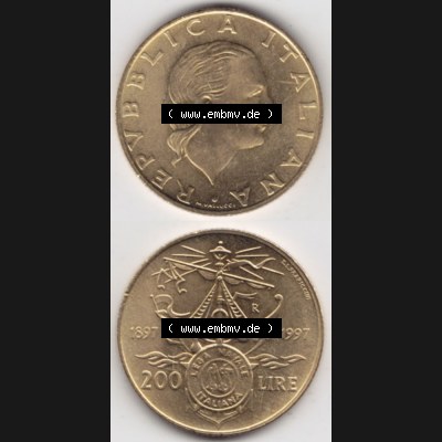 Münzen Italien Gedenkmünze 1997-1997, 200 Lire Italienische Meeresliga. Vorderseite und Rückseite vertikal untereinander auf einen digitalen Bild der alten italienischen Münze... Sammlung