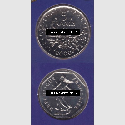 Münze Frankreich 2000, 5 Francs. Vorderseite und Rückseite vertikal auf einen digitalen Bild der alten französischen Umlaufmünze aus Frankreich in der Francs-Währung... Sammlung