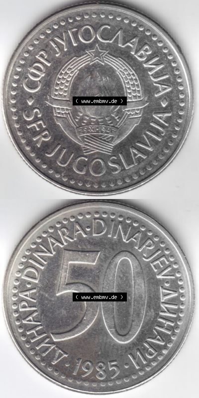 Münzen Jugoslawien Umlaufmünze 1985-1988, 50 Dinara, Dinarjev 1985, Münzseiten Vertikal für Mobile-Geräte als Bildmaterial Sammlung