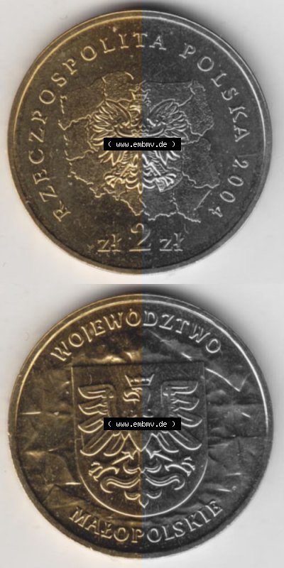 Münzen Polen Gedenkmünze 2004-2004, 2 Zloty, Woiwodschaft Kleinpolen, Münzseiten Vertikal für Mobile-Geräte als Bildmaterial Sammlung