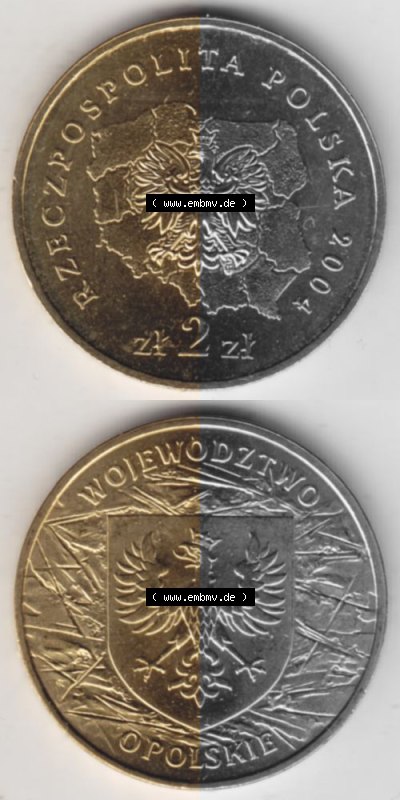 Münzen Polen Gedenkmünze 2004-2004, 2 Zloty, Woiwodschaft Oppeln, Münzseiten Vertikal für Mobile-Geräte als Bildmaterial Sammlung