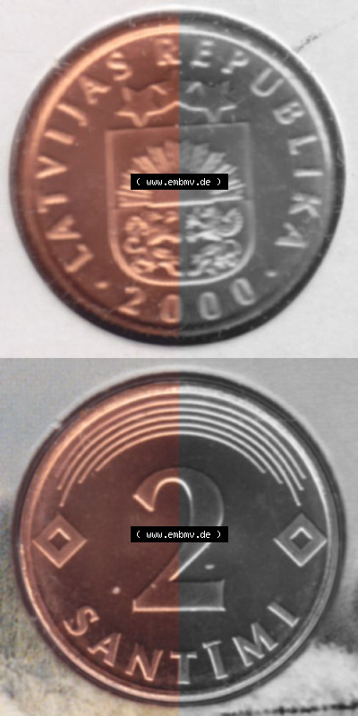 Münzen Lettland Umlaufmünze 1992-2009, 2 Centimes 2000, Münze aus Münzensatz, Münzseiten Vertikal für Mobile-Geräte als... Sammlung