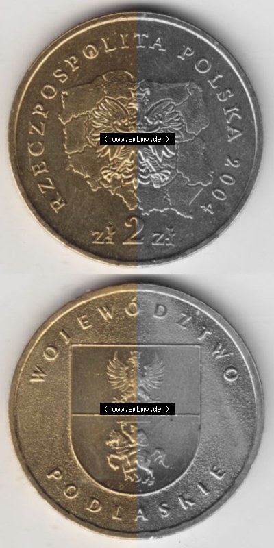 Münzen Polen Gedenkmünze 2004-2004, 2 Zloty Woiwodschaft Podlachien, Münzseiten Vertikal für Mobile-Geräte als Bildmaterial Sammlung