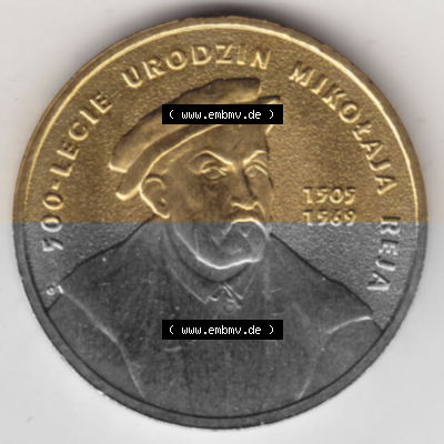 Münzen Polen Gedenkmünze 2005-2005, 2 Zloty, 500. Geburtstag von Mikołaj Rej, Bild mit Rückseite der Münze als Bildmaterial Sammlung