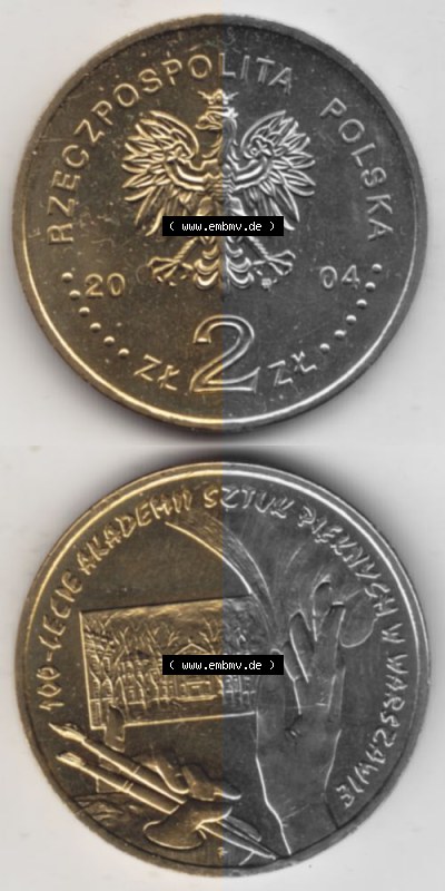Münzen Polen Gedenkmünze 2004-2004, 2 Zloty, 100 Jahre Gründung der Kunstakademie, Münzseiten Vertikal für Mobile-Geräte... Sammlung