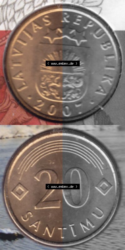 Münzen Lettland Umlaufmünze 1992-2009, 20 Centimes 2007, Münze aus Münzensatz, Münzseiten Vertikal für Mobile-Geräte als... Sammlung