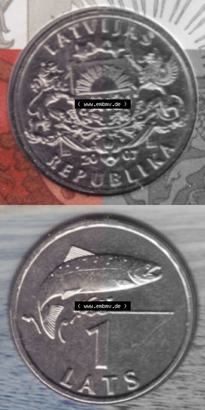 Münzen Lettland Umlaufmünze 1992-2008, 1 Lats 2007, Münze aus Münzensatz, Münzseiten Vertikal für Mobile-Geräte als Bildmaterial Sammlung