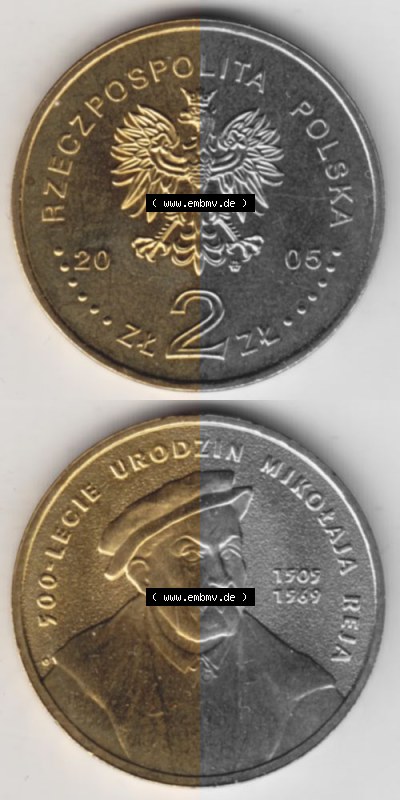 Münzen Polen Gedenkmünze 2005-2005, 2 Zloty, 500. Geburtstag von Mikołaj Rej, Münzseiten Vertikal für Mobile-Geräte als... Sammlung