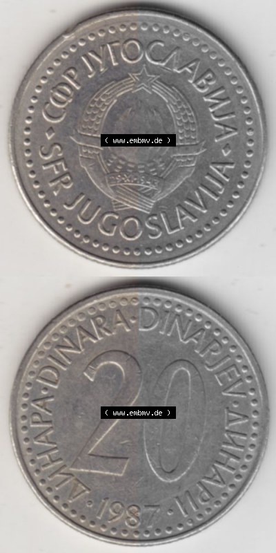 Münzen Jugoslawien Umlaufmünze 1985-1987, 20 Dinar 1987, Münzseiten Vertikal für Mobile-Geräte als Bildmaterial Sammlung