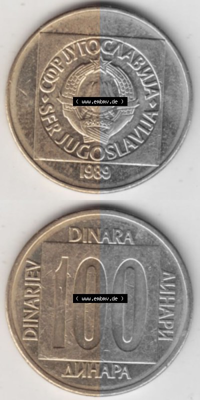 Münzen Jugoslawien Umlaufmünze 1988-1989, 100 Dinar 1989, Münzseiten Vertikal für Mobile-Geräte als Bildmaterial Sammlung
