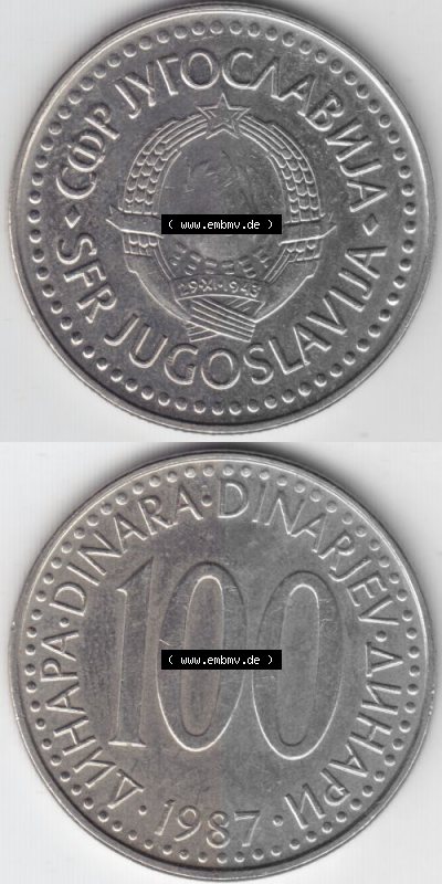 Münzen Jugoslawien Umlaufmünze 1985-1988, 100 Dinara, Dinarjev 1985, Münzseiten Vertikal für Mobile-Geräte als Bildmaterial Sammlung