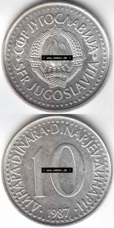 Münzen Jugoslawien Umlaufmünze 1982-1988, 10 Dinara, Dinarjev 1987, Münzseiten Vertikal für Mobile-Geräte als Bildmaterial Sammlung