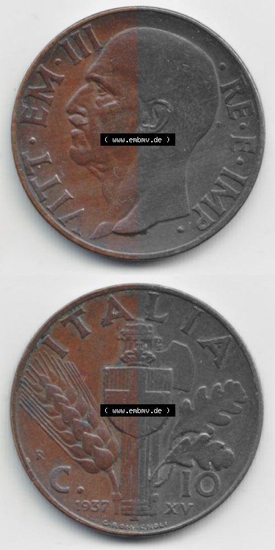 Münzen Italien Umlaufmünze 1936-1939, 10 Centesimi 1937, Münzseiten Vertikal für Mobile-Geräte zum Download Sammlung