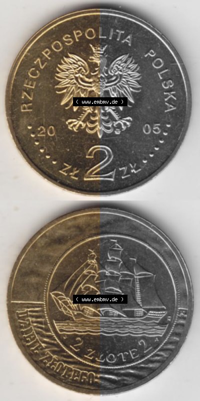 Münzen Polen Gedenkmünze 2005-2005, 2 Zloty, Segelschiff auf 2 Zloty und 5 Zloty der Ausgabe 1936, Münzseiten Vertikal für... Sammlung