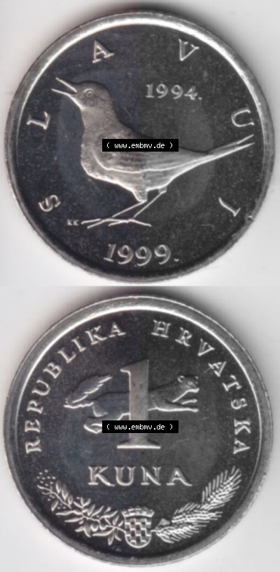 Münzen Kroatien Umlaufmünze 1993-2021, 1 Kuna 1999, Münzseiten Vertikal für Mobile-Geräte als Bildmaterial Sammlung