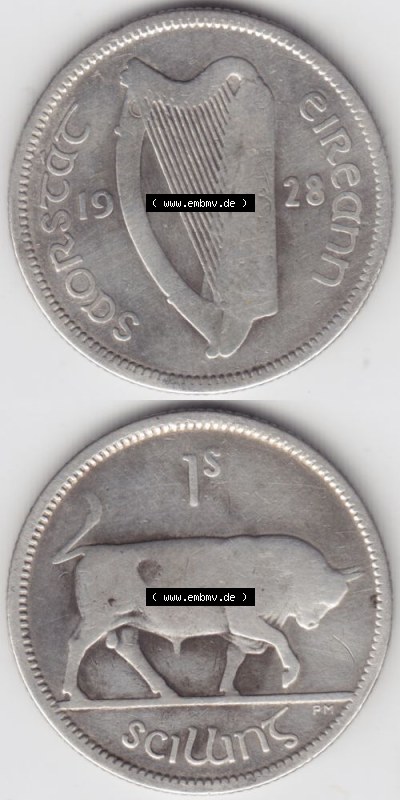 Münzen Irland Umlaufmünze 1928-1937, 1 Schilling, Scillins 1928, Münzseiten der Silbermünze Vertikal für Mobile-Geräte zum... Sammlung