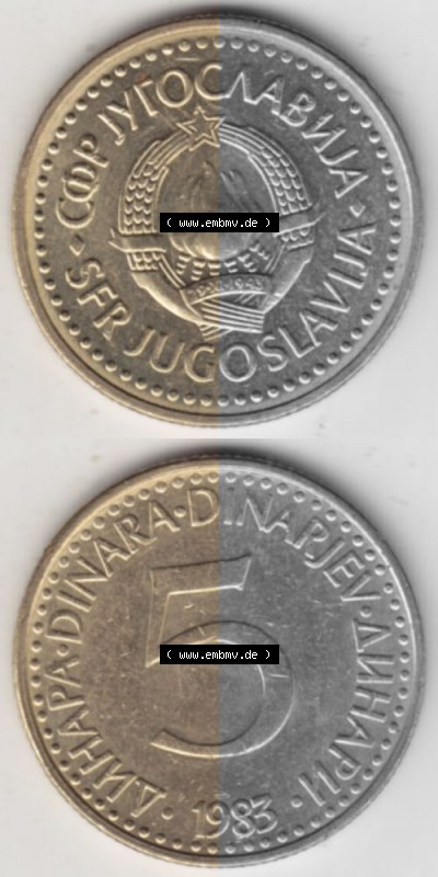Münzen Jugoslawien Umlaufmünze 1982-1986, 5 Dinar 1983, Münzseiten Vertikal für Mobile-Geräte als Bildmaterial Sammlung