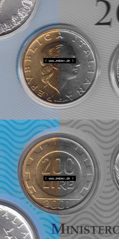 Münzen Italien Umlaufmünze 1977-2001, 200 Lire, Zahnrad 2001, Münzseiten Vertikal für Mobile-Geräte zum Download Sammlung