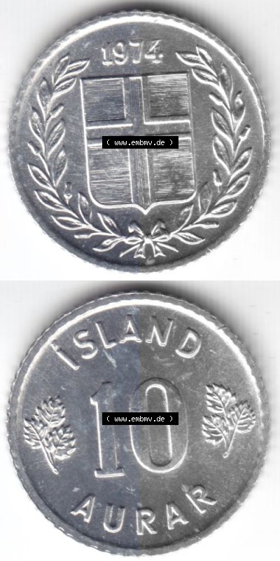Münzen Island Umlaufmünze 1970-1974, 10 Aurar 1974, Münzseiten Vertikal für Mobile-Geräte zum Bildmaterial Sammlung