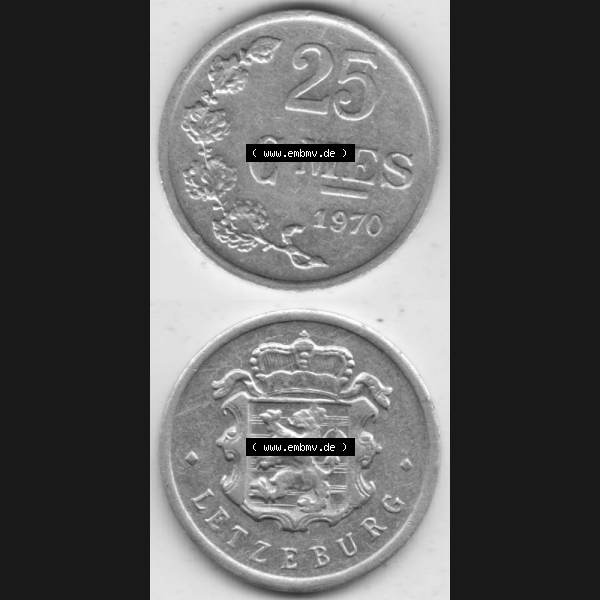 Grau bzw. s/w Münzen Luxemburg Umlaufmünze 1954-1972, 25 Centimes - C-MES 1970 I., Münzseiten Vertikal für Mobile-Geräte als Bildmaterial Sammlung Graustufen