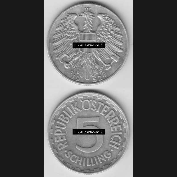 Grau bzw. s/w Münzen Österreich Umlaufmünze 1952-1957, 5 Schilling 1952 III., Münze aus Österreich mit Münzseiten Vertikal / Untereinander auf einen Bild für... Sammlung Graustufen
