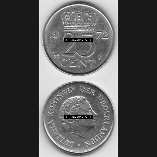 Grau bzw. s/w Münzen Niederlande Umlaufmünze 1950-1980, 25 Cent 1972, Münzseiten Vertikal / Untereinander für Mobile-Geräte als Bildmaterial Sammlung Graustufen