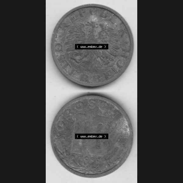 Grau bzw. s/w Münzen Österreich Umlaufmünze 1947-1949, 10 Groschen 1949 III., Münze aus Österreich mit Münzseiten Vertikal / Untereinander auf einen Bild für... Sammlung Graustufen