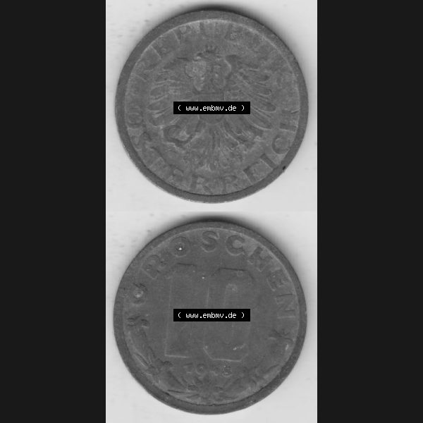 Grau bzw. s/w Münzen Österreich Umlaufmünze 1947-1949, 10 Groschen 1948 IV., Münze aus Österreich mit Münzseiten Vertikal / Untereinander auf einen Bild für... Sammlung Graustufen