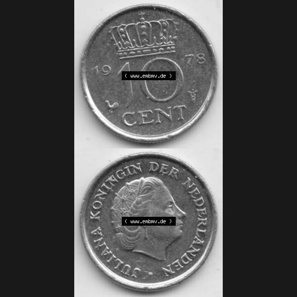 Grau bzw. s/w Münzen Niederlande Umlaufmünze 1950-1980, 10 Cent 1978, Münzseiten Vertikal / Untereinander für Mobile-Geräte als Bildmaterial Sammlung Graustufen