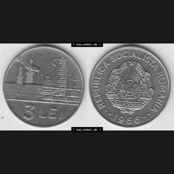 Grau bzw. s/w Münzen Rumänien Umlaufmünze 1966-1966, 3 Lei, Bild mit horizontaler Vollansicht als Bildmaterial Sammlung Graustufen