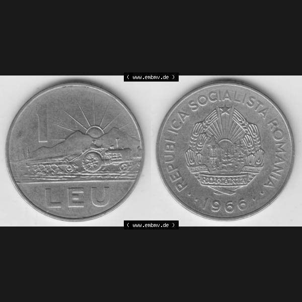 Grau bzw. s/w Münzen Rumänien Umlaufmünze 1966-1966, 1 Leu Kursmünze, Bild mit horizontaler Vollansicht als Bildmaterial Sammlung Graustufen