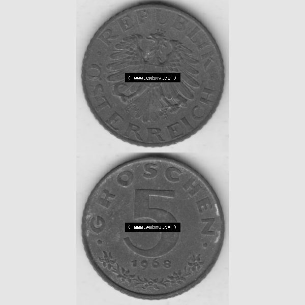 Grau bzw. s/w Münzen Österreich Umlaufmünze 1948-1994, 5 Groschen 1968 I., Münze aus Österreich mit Münzseiten Vertikal / Untereinander auf einen Bild für Mobile-Geräte... Sammlung Graustufen