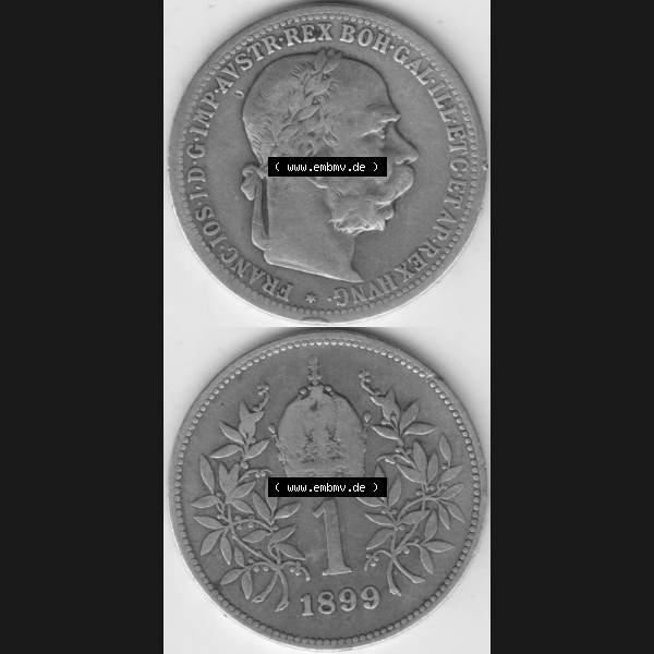 Grau bzw. s/w Münzen Österreich Umlaufmünze 1892-1907, 1 Krone Franz Joseph I. 1899, Münze aus Österreich mit Münzseiten Vertikal / Untereinander auf einen Bild für... Sammlung Graustufen