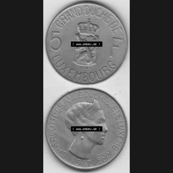Grau bzw. s/w Münzen Luxemburg Umlaufmünze 1962-1962, 5 Franken - Francs 1962, Münzseiten Vertikal für Mobile-Geräte als Bildmaterial Sammlung Graustufen