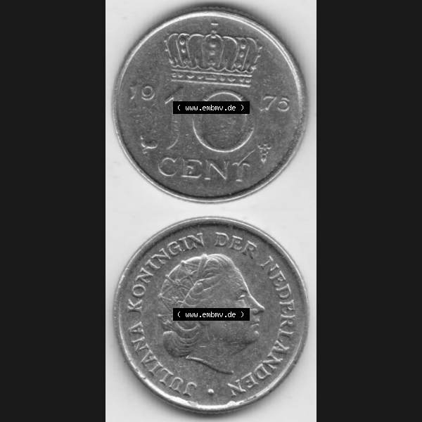 Grau bzw. s/w Münzen Niederlande Umlaufmünze 1950-1980, 10 Cent 1975, Münzseiten Vertikal / Untereinander für Mobile-Geräte als Bildmaterial Sammlung Graustufen