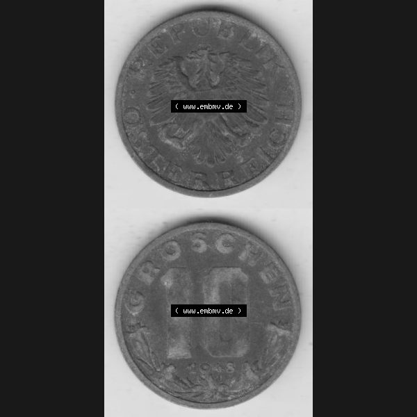 Grau bzw. s/w Münzen Österreich Umlaufmünze 1947-1949, 10 Groschen 1948 III., Münze aus Österreich mit Münzseiten Vertikal / Untereinander auf einen Bild für... Sammlung Graustufen