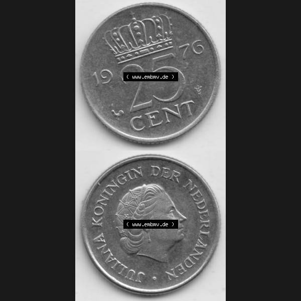 Grau bzw. s/w Münzen Niederlande Umlaufmünze 1950-1980, 25 Cent 1976, Münzseiten Vertikal / Untereinander für Mobile-Geräte als Bildmaterial Sammlung Graustufen