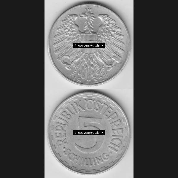 Grau bzw. s/w Münzen Österreich Umlaufmünze 1952-1957, 5 Schilling 1952 I., Münze aus Österreich mit Münzseiten Vertikal / Untereinander auf einen Bild für Mobile-Geräte... Sammlung Graustufen